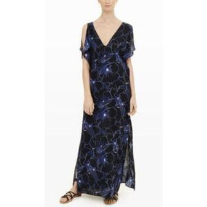 Club Monaco Dress Womens Maxi Cold Shoulder V Neck Blue Floral Size 2